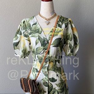 H&M Puff-sleeved Lemon-print Fitted Short Dress